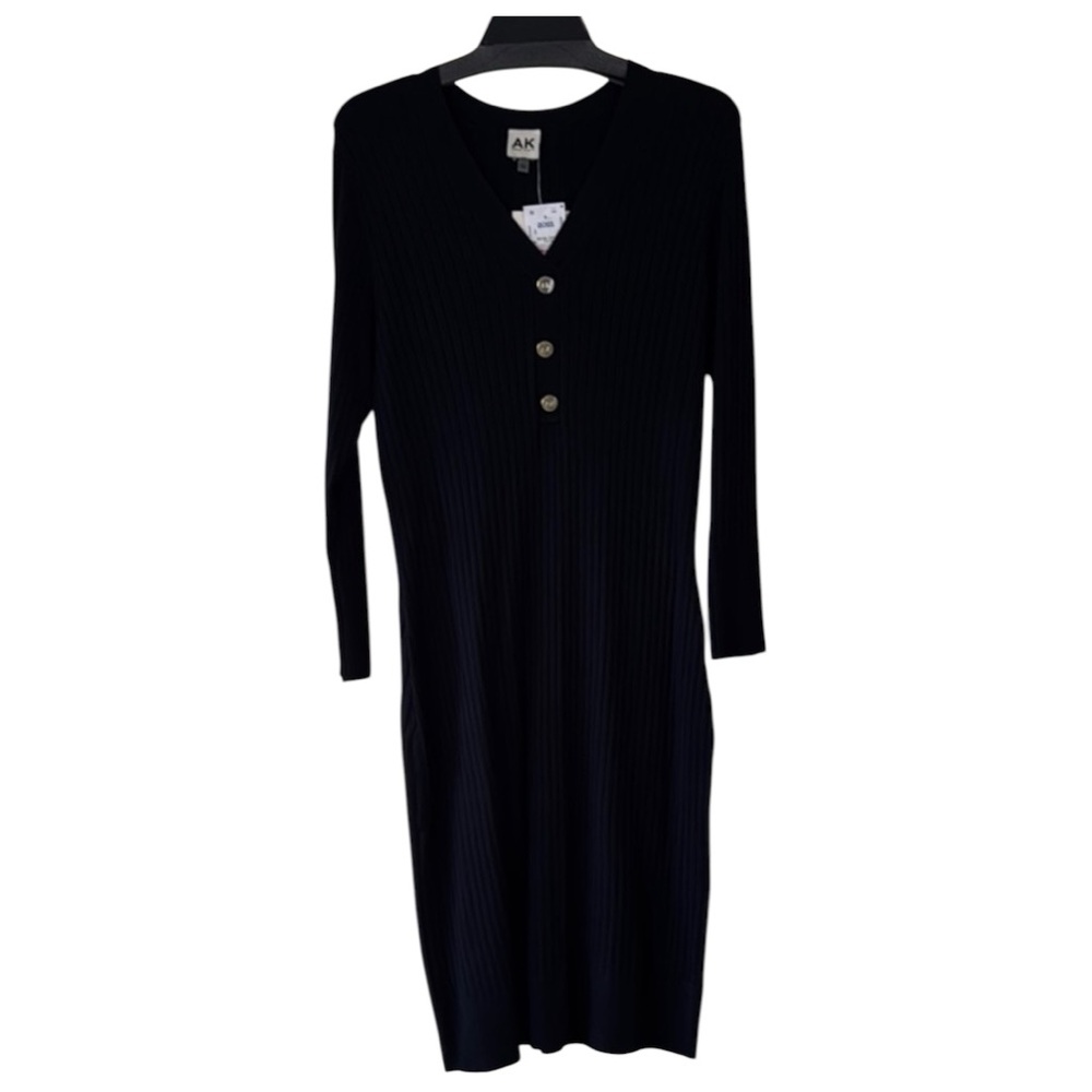 Anne Klein Dress‎ Black Ribbed Knit Midi V-Neck Gold Button in Size L  NWT